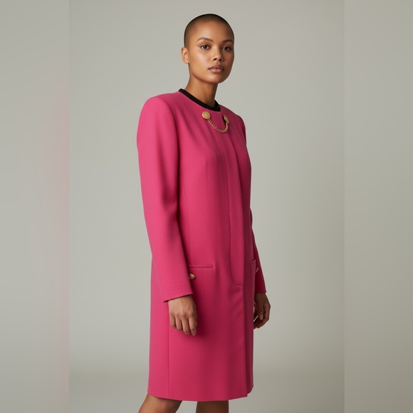 Vintage 1980s Depeche Mode Hot Pink Sheath Dress Gold Button Chain Front Size 10 - Picture 1 of 10